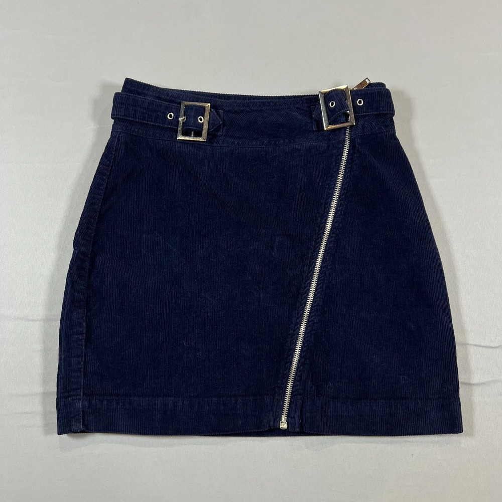 Urban Outfitters Corduroy Mini Skirt Womens Medium Navy Blue Front Zip Belt Loop